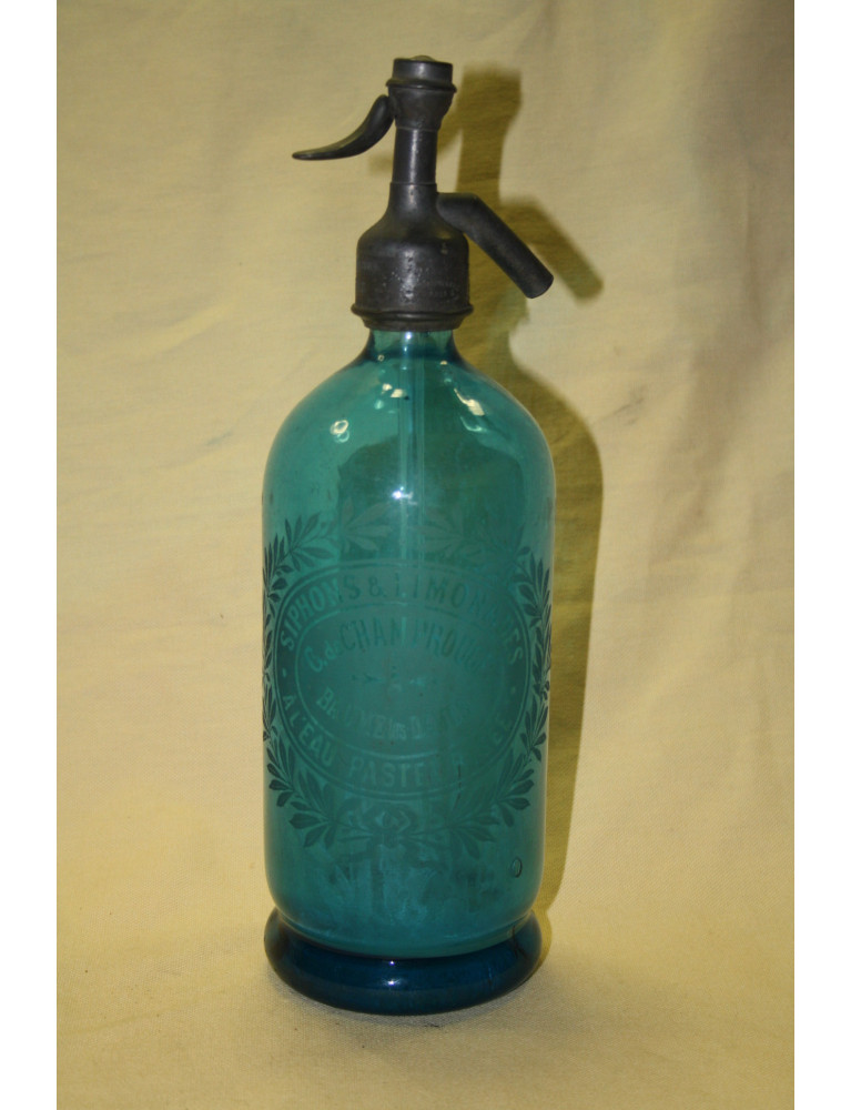 siphon bleu en verre - bouteille sous pression ancienne